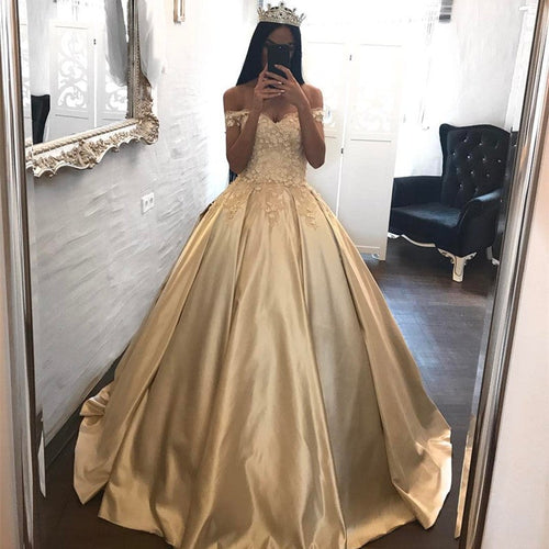 Off The Shoulder Lace Sweetheart Champagne Wedding Dress Ball Gowns-alinanova