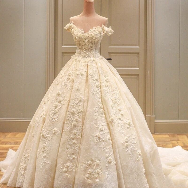 Off The Shoulder Lace Wedding Dresses Ball Gown-alinanova