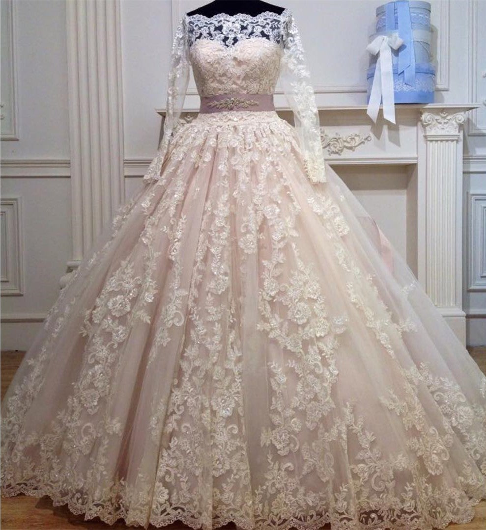 Duchesse-Linie Long Sleeve Luxury V-Ausschnitt mit Perle Applikation Brautkleid