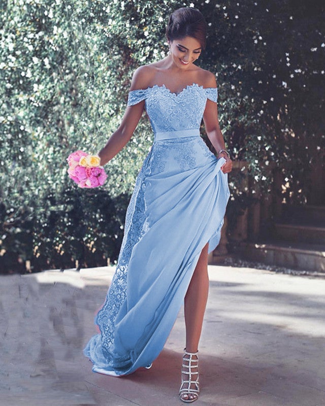 strapless open back dress Simple Blue Satin Long Prom Dresses with High Slit, Light Blue Formal – Lwt  Dress main image 1