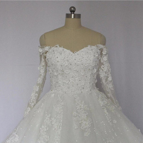 Off The Shoulder Royal Train Lace Wedding Dresses Ball Gowns-alinanova