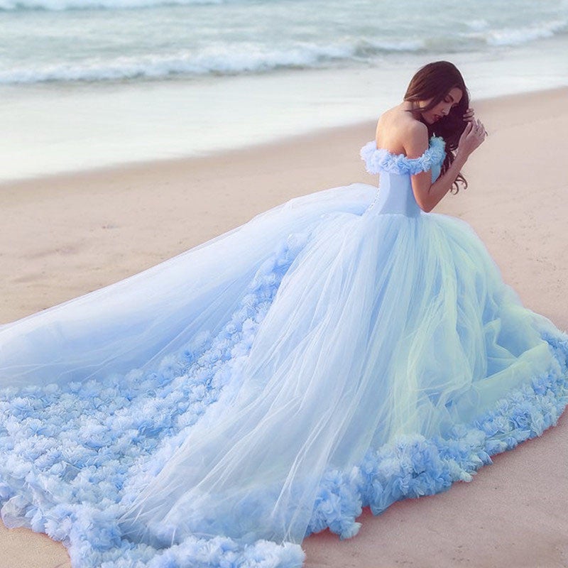 Off The Shoulder Tulle Ball Gowns Flower Wedding Dresses For Bride alinanova Off The Shoulder Tulle Ball Gowns Flower Wedding Dresses For Bride alinanova