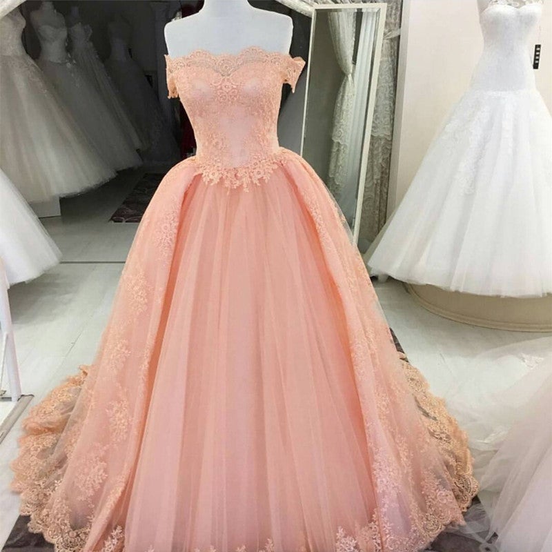 Off The Shoulder Tulle Quinceanera Dresses Lace Appliques Ball Gowns-alinanova