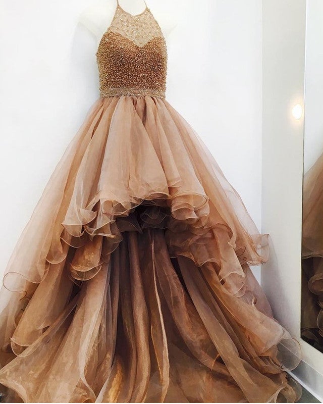 Ombre Prom Dresses Beaded Halter Ruffles Hem Front Short Long Back Ombre Prom Dresses Beaded Halter Ruffles Hem Front Short Long Back