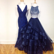 Load image into Gallery viewer, Ombre Sequins Beaded Ruffles Skirt Two Piece Ball Gowns Prom Dresses
