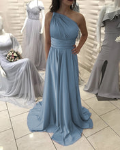 Load image into Gallery viewer, Steel Blue Bridesmaid Dresses One Shoulder
