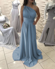 Load image into Gallery viewer, Steel Blue Bridesmaid Dresses One Shoulder
