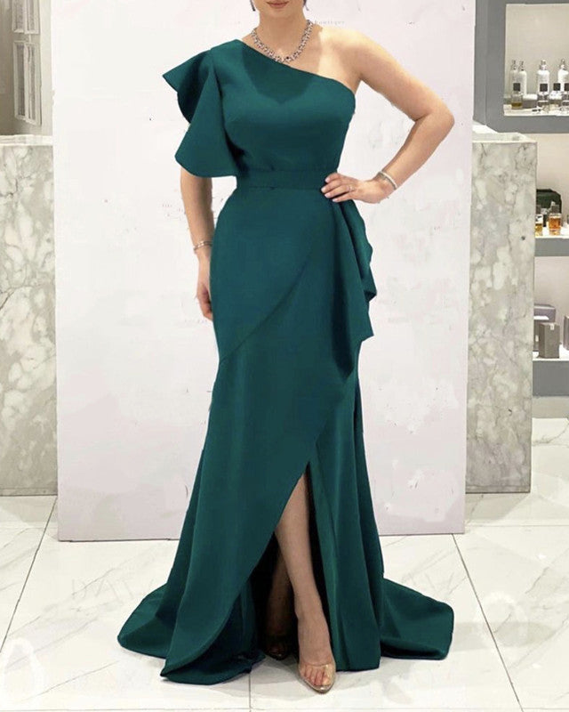 Green One Shoulder Prom Dresses