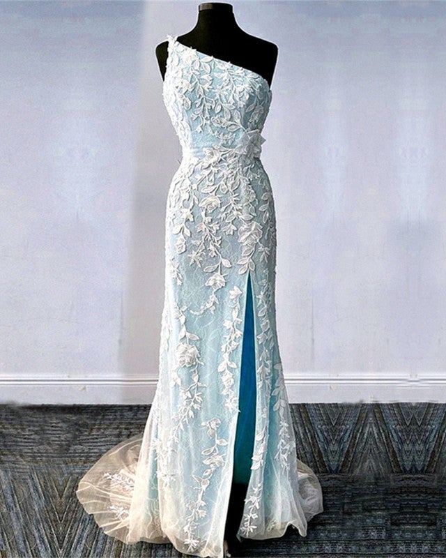One Shoulder Mermaid Split Lace Prom Dresses-alinanova