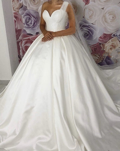 One Shoulder Wedding Dresses Ball Gown Sequins Sweetheart-alinanova