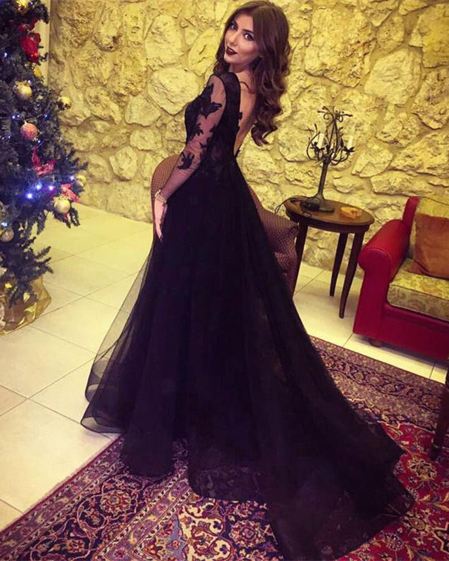 Tulle Formal Dresses Leg Slit Appliques Sleeves Tulle Formal Dresses Leg Slit Appliques Sleeves