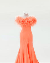 Load image into Gallery viewer, Orange Feather Mermaid Split Prom Dresses
