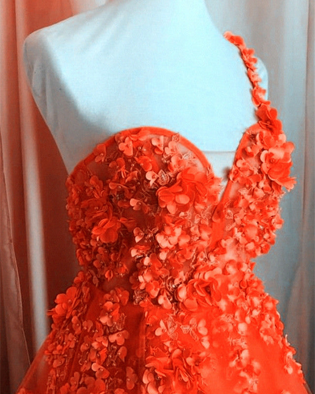 One Shoulder Tulle Prom Dresses 3D Flowers-alinanova