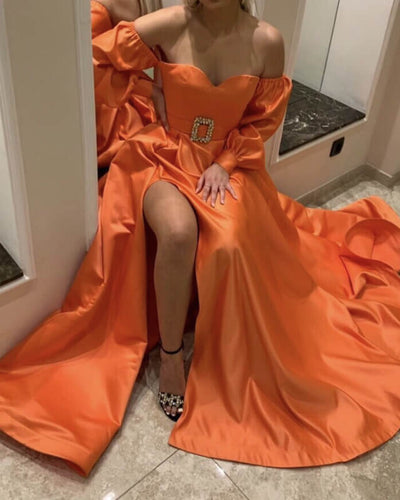 Puffy Sleeve Prom Dresses Orange