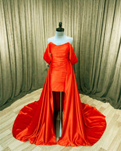Load image into Gallery viewer, Orange Satin Off The Shoulder Prom Dresses-alinanova
