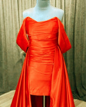 Load image into Gallery viewer, Orange Satin Off The Shoulder Prom Dresses
