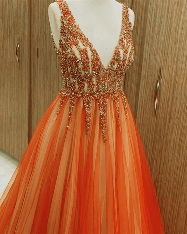 Orange Tulle Ball Gown Beaded V-neck Orange Tulle Ball Gown Beaded V-neck