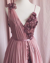 Load image into Gallery viewer, Pale Pink Tulle V Neck Dresses 3D Flowers Embroidery
