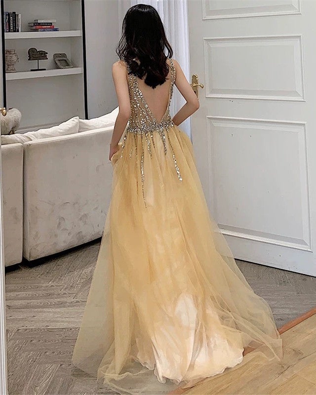 Pale Yellow Prom Dresses Tulle V Neck Sequin Beaded Pale Yellow Prom Dresses Tulle V Neck Sequin Beaded