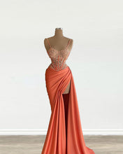 Load image into Gallery viewer, Mermaid Peach Prom Dresses Appliques With Slit
