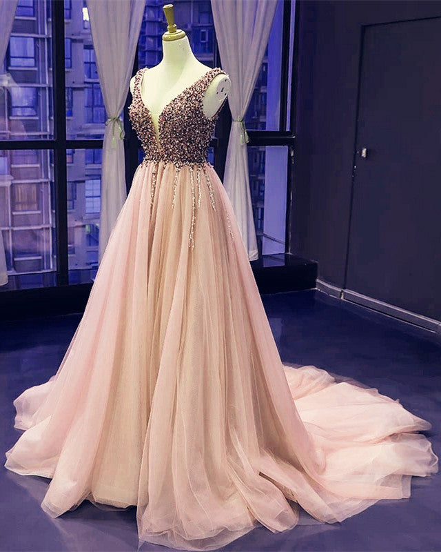 Elegant Tulle Prom Long Dresses Pearl Beaded V Neck alinanova Elegant Tulle Prom Long Dresses Pearl Beaded V Neck alinanova