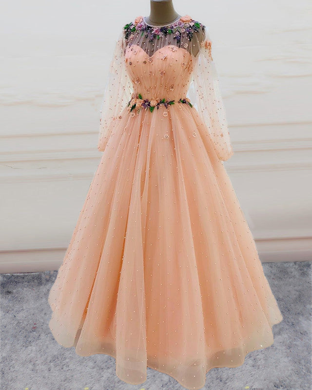 Long Sleeves Prom Dresses Princess Tulle Beaded Long Sleeves Prom Dresses Princess Tulle Beaded