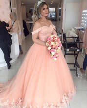 Load image into Gallery viewer, Peach Tulle Sweetheart Princess Wedding Dresses Lace Off Shoulder
