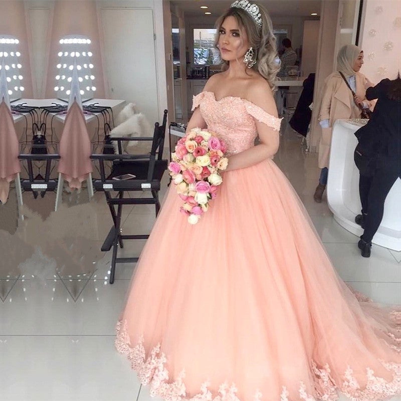 wedding dress bride princess peach Peach Tulle Sweetheart Princess Wedding Dresses Lace Off Shoulder
