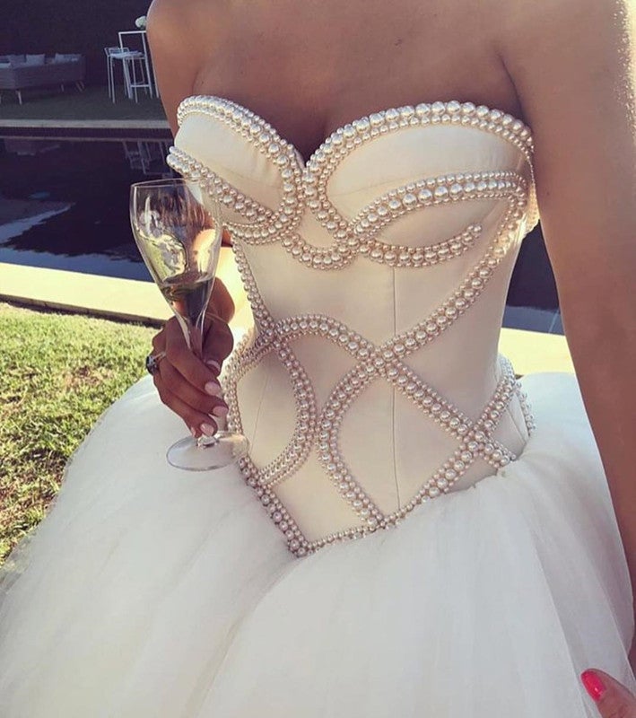 white christmas dresses Pearl Beaded Satin Corset Sweetheart Wedding Dresses Ball Gowns