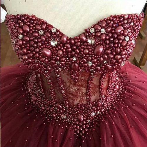 Pearl Beading Sweetheart Bodice Corset Wedding Dresses Burgundy-alinanova