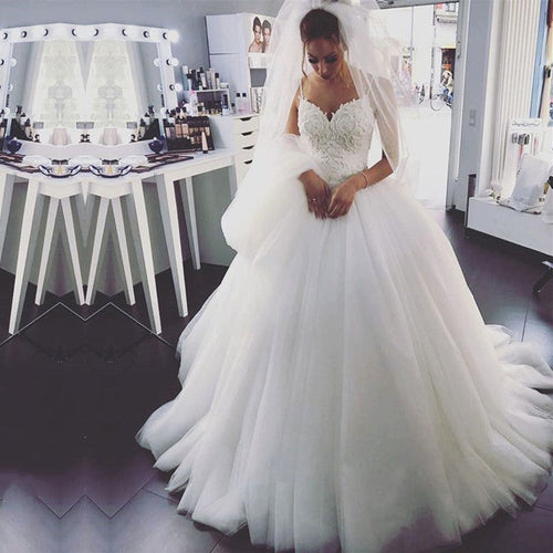 Pearl Embroidery Beaded Tulle Princess Wedding Dresses-alinanova