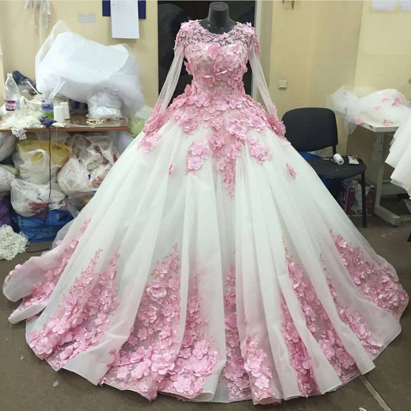 Pink Floral Flowers Long Sleeves Organza Wedding Dresses Ball Gowns alinanova Pink Floral Flowers Long Sleeves Organza Wedding Dresses Ball Gowns alinanova