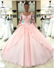 Load image into Gallery viewer, Pink Lace Appliques Ball Gowns Quinceanera Dresses Long Sleeves
