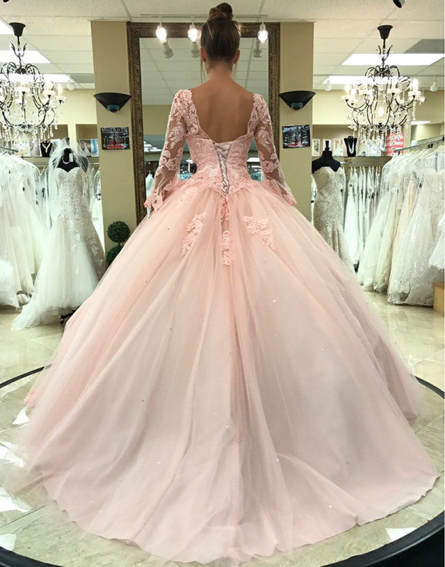 Pink Lace Appliques Ball Gowns Quinceanera Dresses Long Sleeves