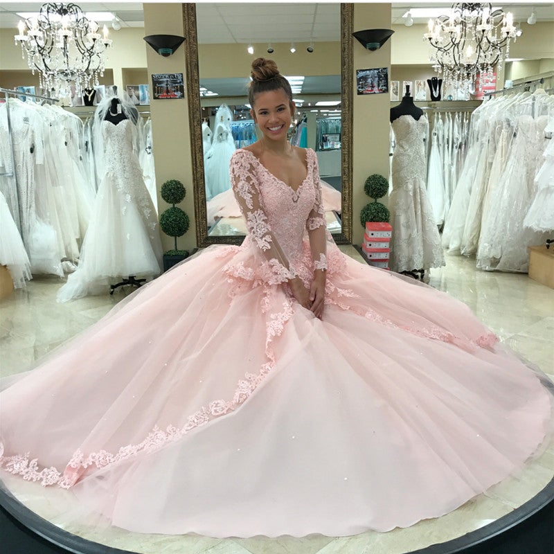 Pink Lace Appliques Ball Gowns Quinceanera Dresses Long Sleeves-alinanova