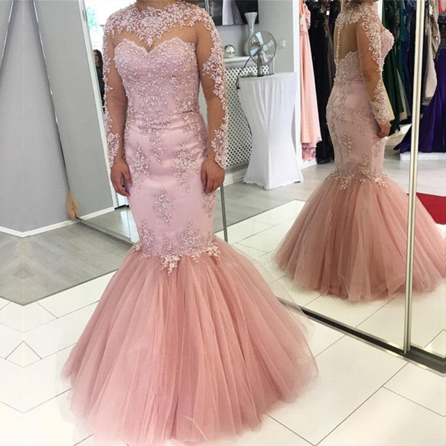 Pink Lace Appliques Long Sleeves Mermaid Evening Dresses-alinanova