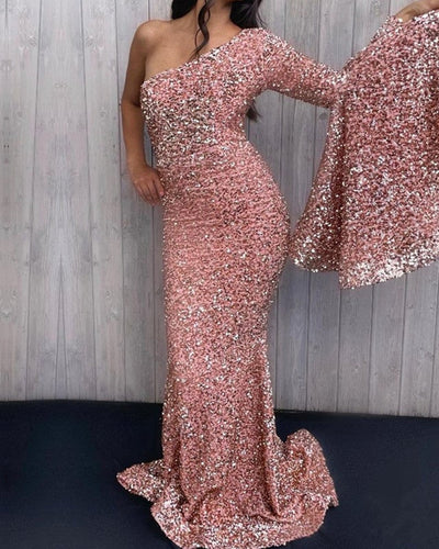 Pink Mermaid One Shoulder Sequin Prom Dresses-alinanova