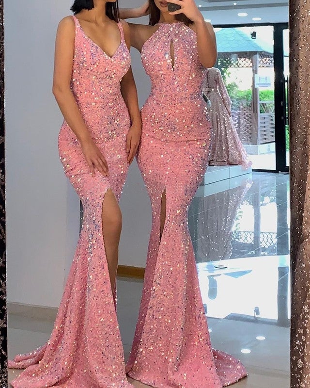 Pink Mermaid Sequins Prom Dresses
