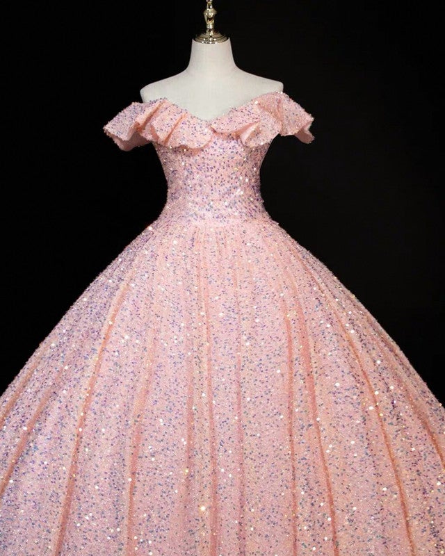 Pink Sequin Prom Ball Gown Ruffle Shoulder Dresses Pink Sequin Prom Ball Gown Ruffle Shoulder Dresses