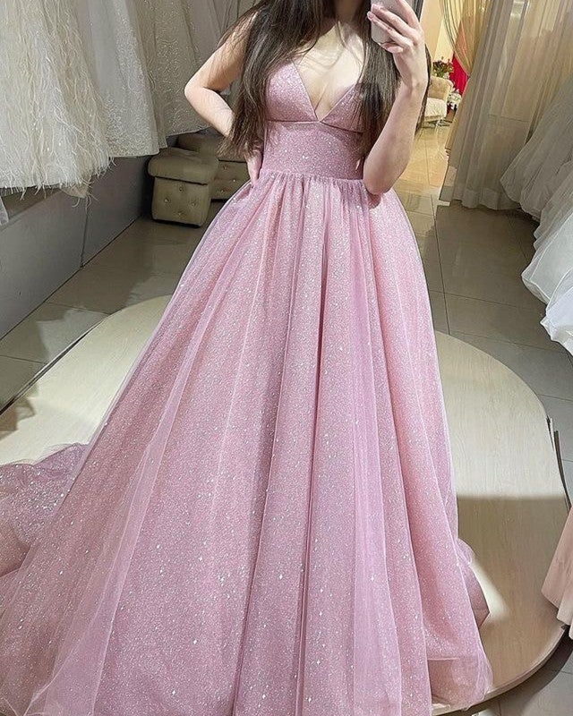 Pink Sparkly Prom Dresses V Neck Ball Gown Pink Sparkly Prom Dresses V Neck Ball Gown