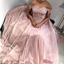 Load image into Gallery viewer, Pink Tulle Sweetheart Ball Gown Wedding Dresses Lace Off The Shoulder-alinanova
