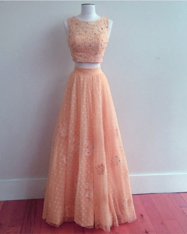 Pink Tulle Two Piece Prom Dresses Lace Crop alinanova Pink Tulle Two Piece Prom Dresses Lace Crop alinanova
