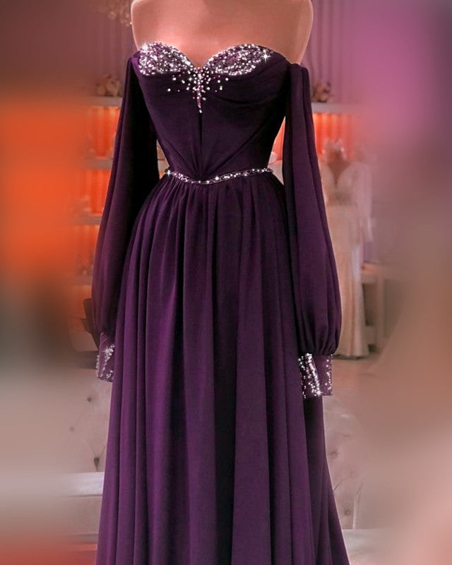 Plum Chiffon Long Sleeve Prom Dresses Off The Shoulder – alinanova