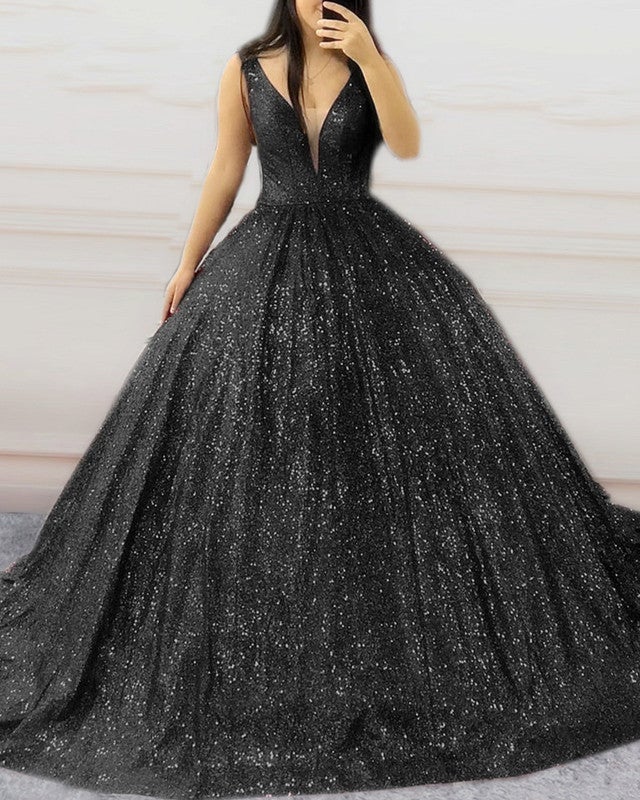 Black Sequins Prom Ball Gown Dresses