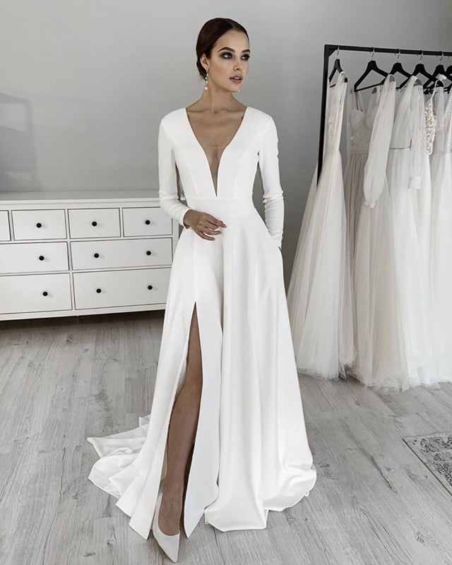 long sleeve plunge wedding dress Plunge Neck Leg Split Wedding Dress With Pockets