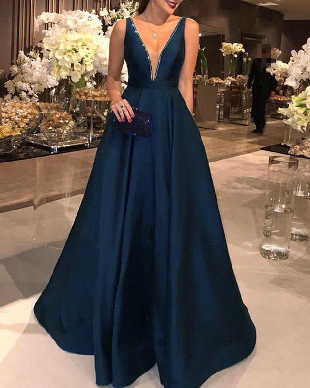 plunging neck prom dress Plunge Neck Light Pink Mermaid Satin Long Prom Dress, Champagne / 4