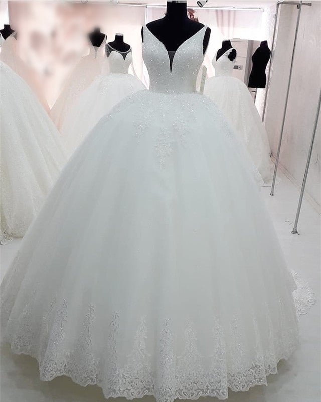 Plunge Neck Wedding Dresses Sequins Beaded Ball Gown Lace Edge-alinanova