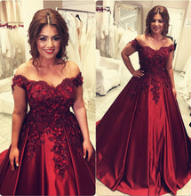 Load image into Gallery viewer, Plus Size Burgundy Satin Ball Gown Wedding Dresses Off The Shoulder

