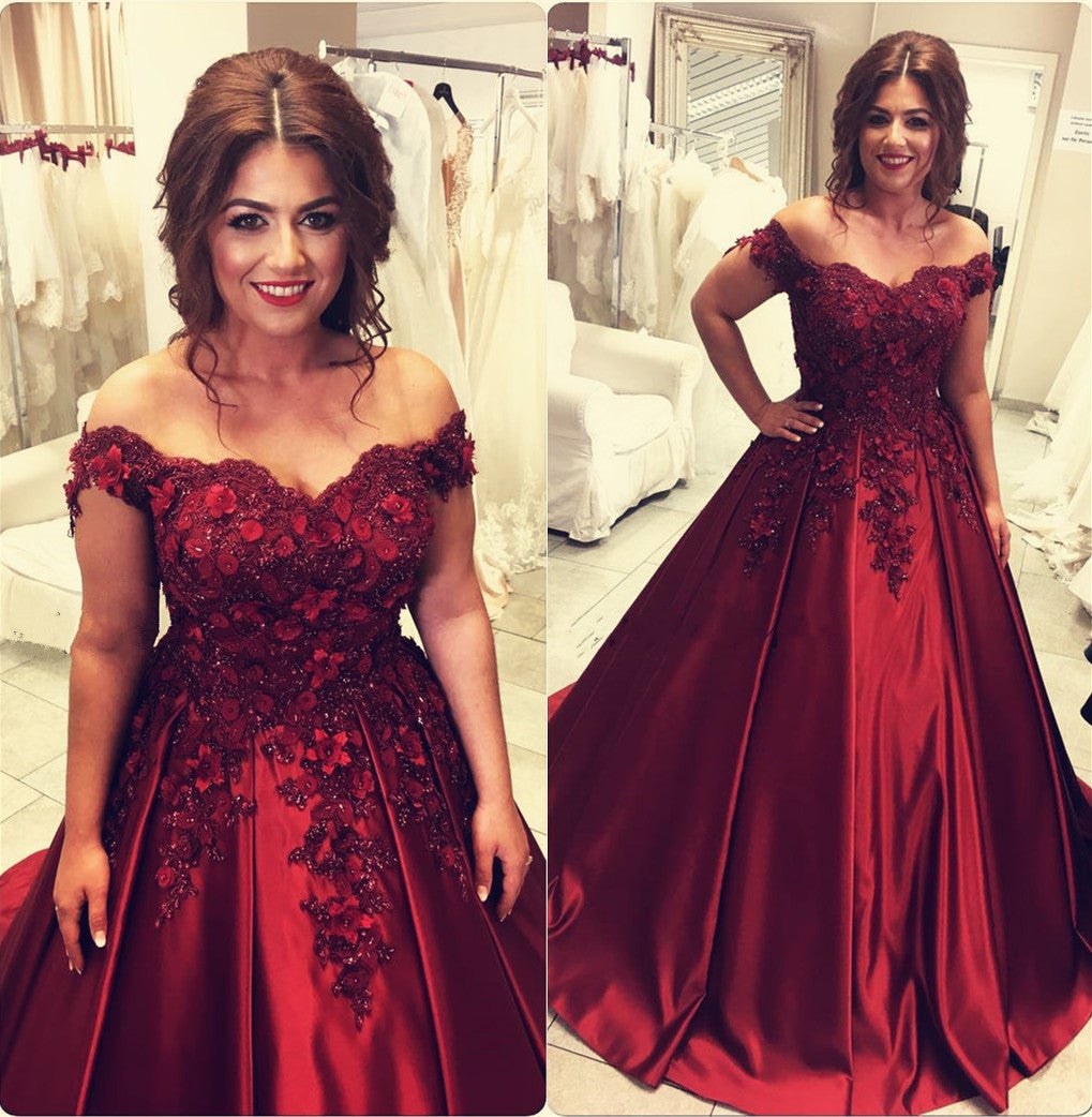 Plus Size Burgundy Satin Ball Gown Wedding Dresses Off The Shoulder