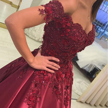 Load image into Gallery viewer, Plus Size Burgundy Satin Ball Gown Wedding Dresses Off The Shoulder
